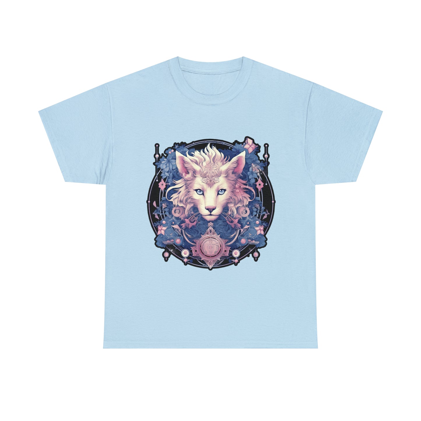 A light blue t-shirt displays a psychedelic cat in the Transgender Pride flag colors.