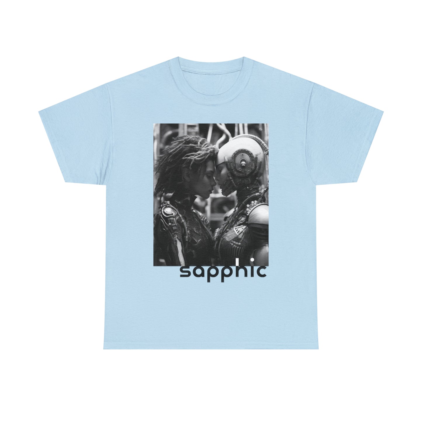A light blue t-shirt displaying a black and white image of two sapphic cyborgs with foreheads together and eyes closed in a romantic scene.