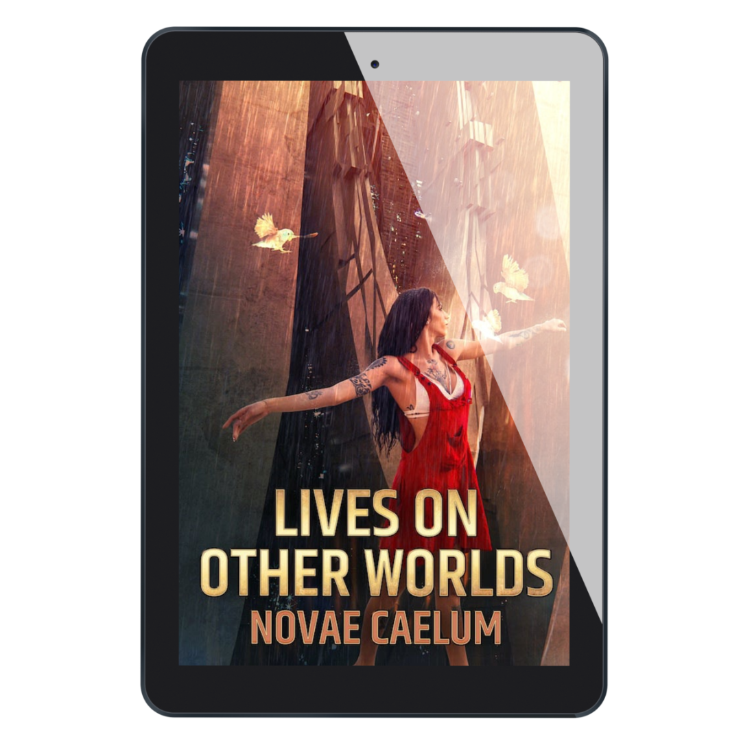 A tablet featuring the ebook "Lives on Other Worlds: Short Stories" by Novae Caelum; centered is a woman in a sleeveless dress with outstretched arms.