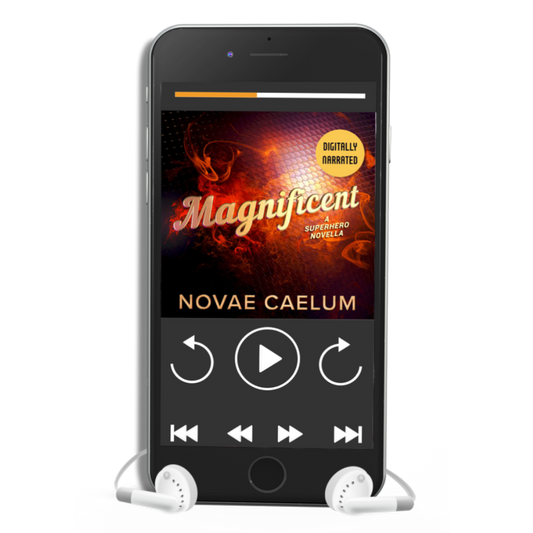 Smartphone displaying a digitally narrated audiobook titled "Magnificient: A Nonbinary Superhero Novella" by Novae Caelum with white earphones plugged in. The screen shows playback controls and an image of swirling red smoke on a black backdrop.