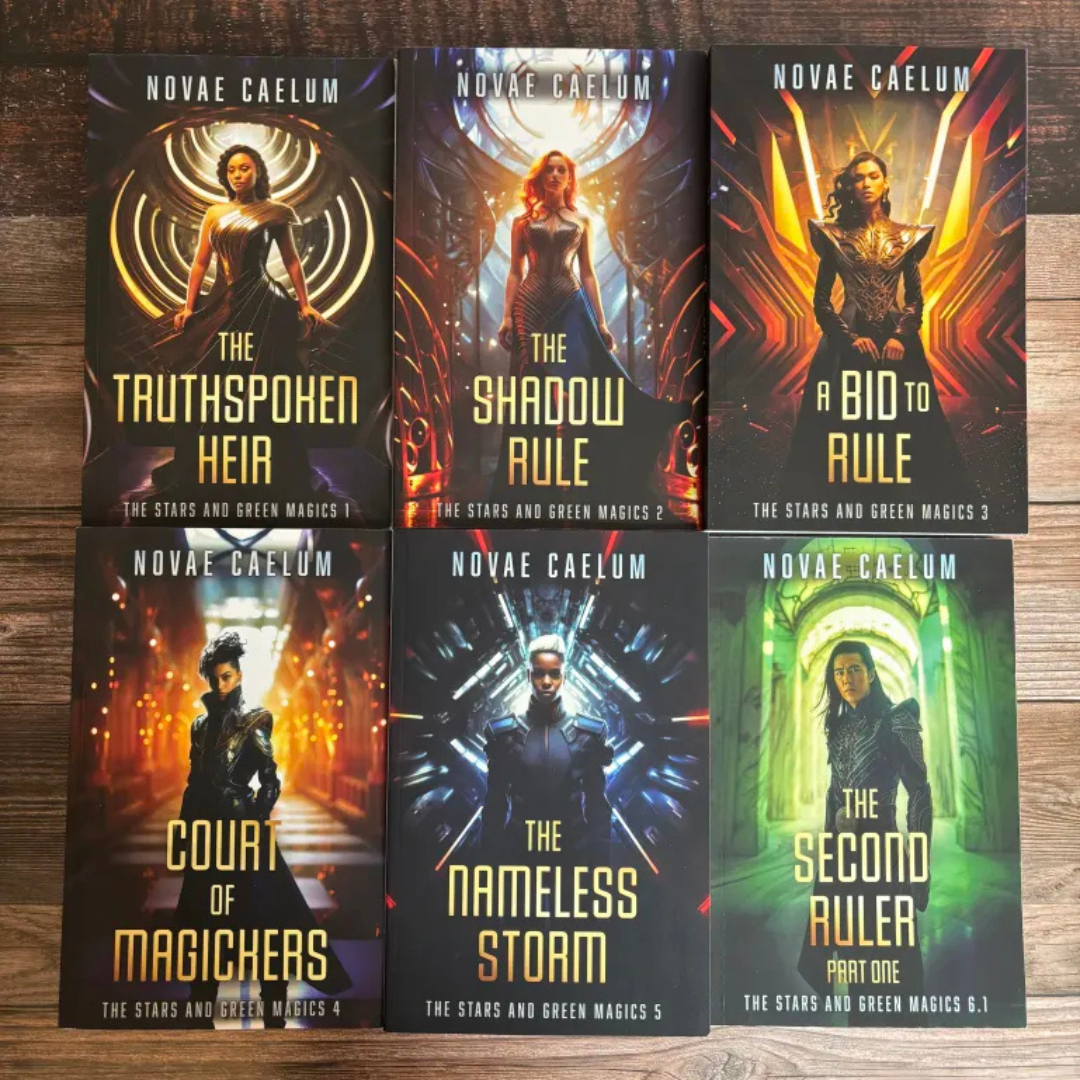 Portion of print books in the "All Here All Queer" Paperback Bundle by Novae Caelum, highlighting The Stars and Green Magic Series.