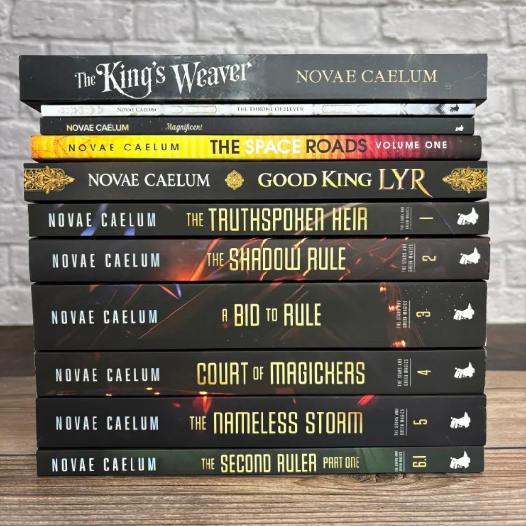 Stack of eleven print books in the "All Here All Queer" Paperback Bundle by Novae Caelum.
