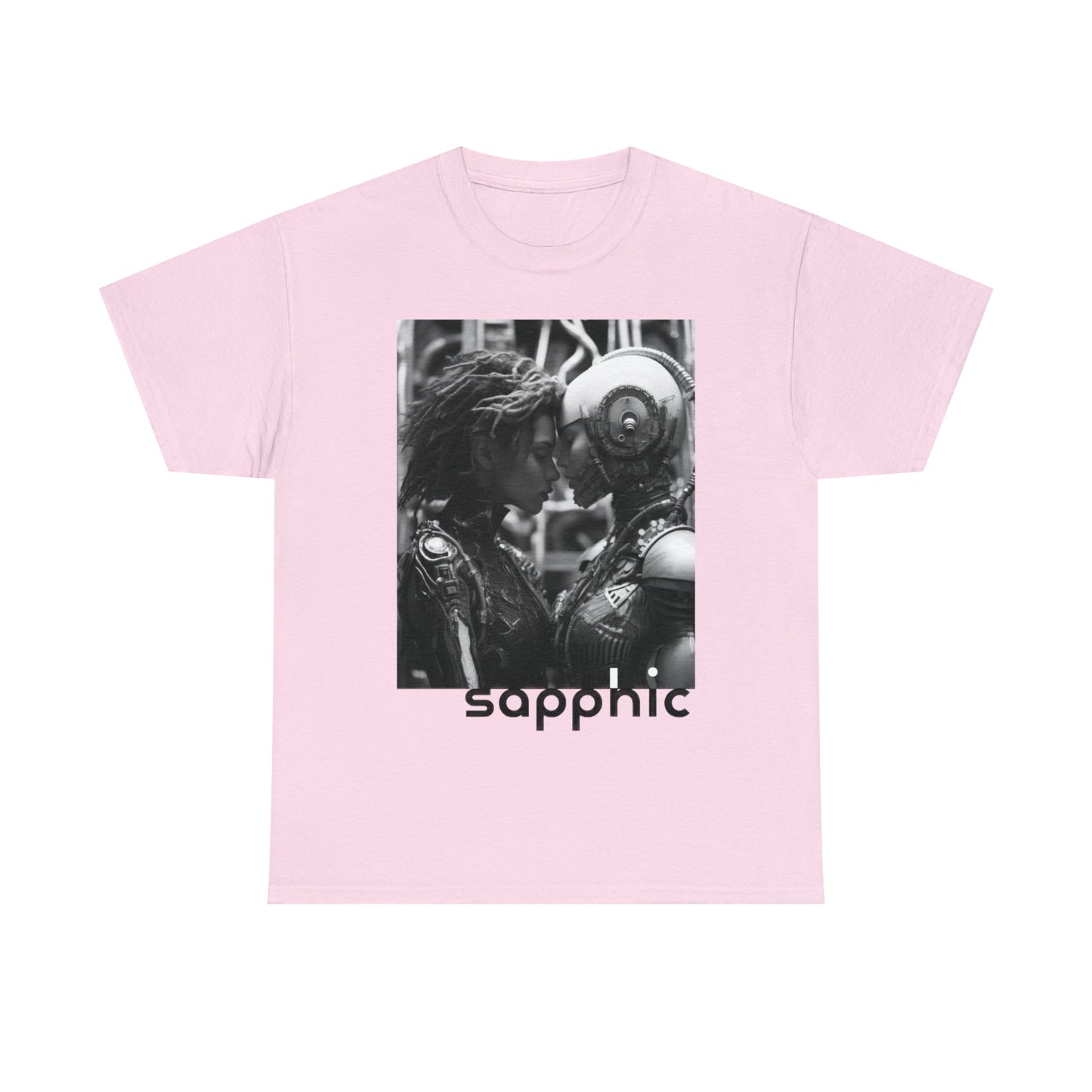 A light pink t-shirt displaying a black and white image of two sapphic cyborgs with foreheads together and eyes closed in a romantic scene.