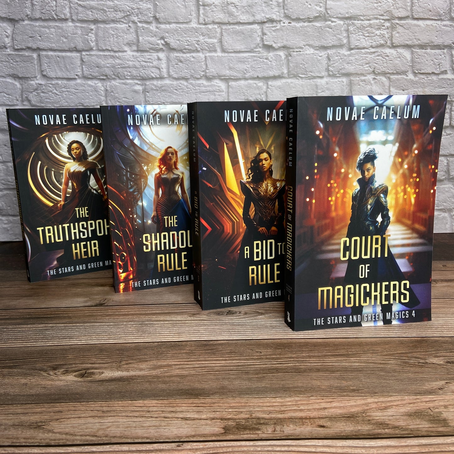 Set of 4 paperbacks (Books 1-4) from "The Stars and Green Magics" series by Novae Caelum standing in a staggered row.