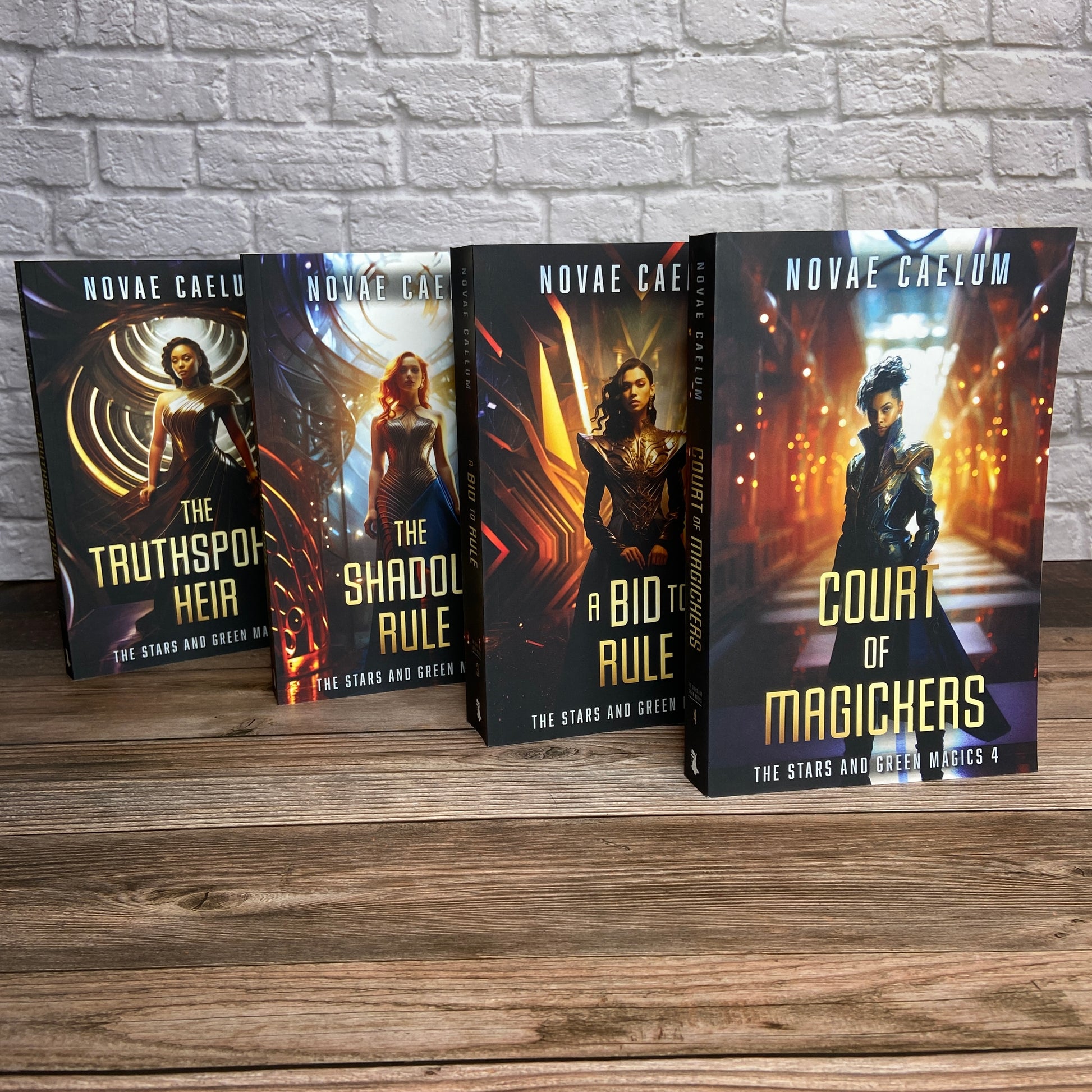 Set of 4 paperbacks (Books 1-4) from "The Stars and Green Magics" series by Novae Caelum standing in a staggered row.