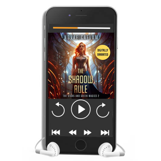 Smartphone displaying an audiobook cover titled "The Shadow Rule: The Stars and Green Magics Book 2" by Novae Caelum with playback controls and earphones attached, featuring secrets of shapeshifting abilities.