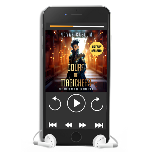 A smartphone displaying an audiobook titled "Court of Magickers: The Stars and Green Magics Book 4" by Novae Caelum, with play controls visible, set against an illuminated, night-time bridge background.