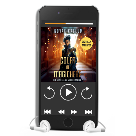 Smartphone displaying a digitally narrated audiobook titled "Court of Magickers: The Stars and Green Magics - Book 4" by Novae Caelum with white earphones plugged in. The screen shows playback controls and an image of a nonbinary individual in a long, black futuristic coat.
