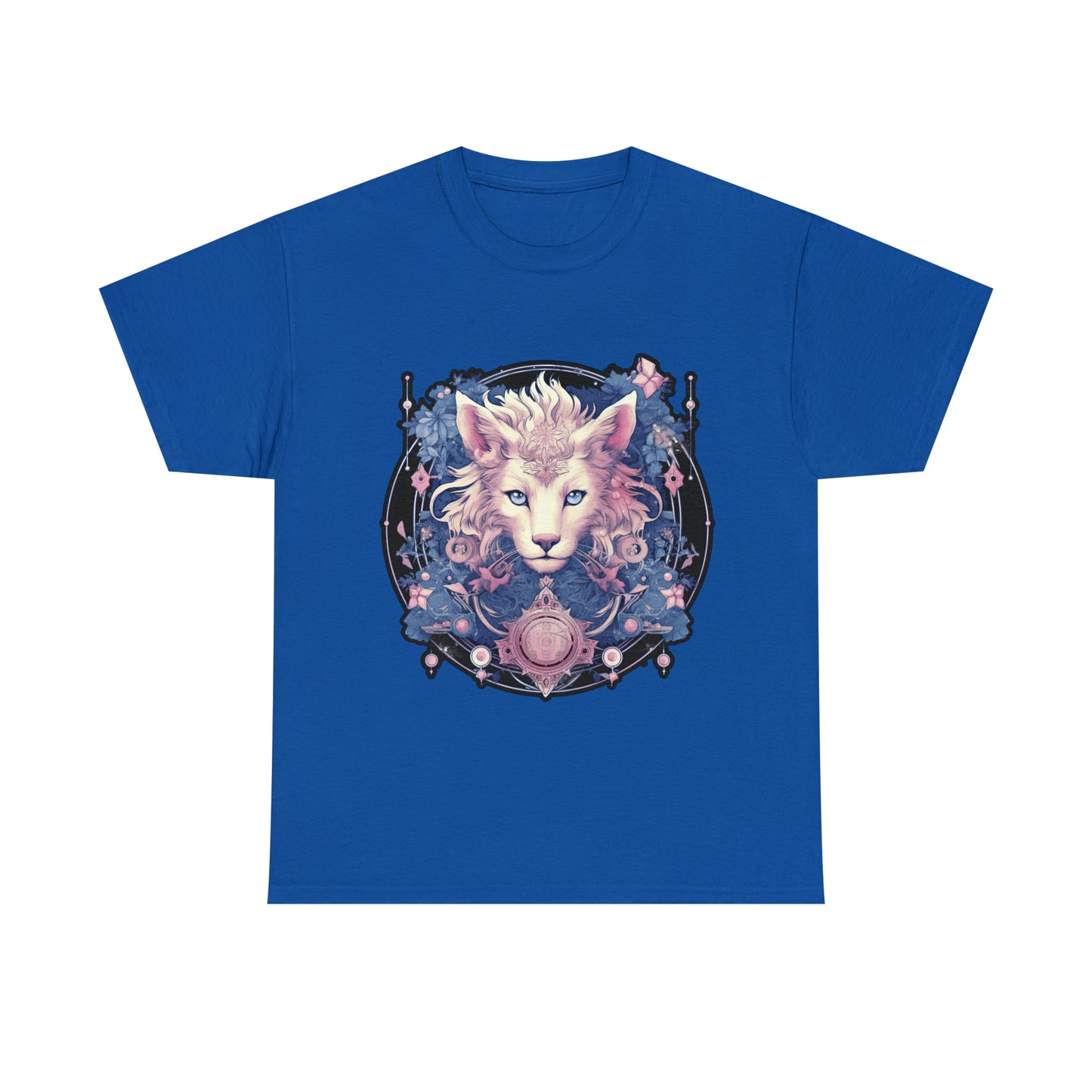 A royal blue t-shirt displays a psychedelic cat in the Transgender Pride flag colors.