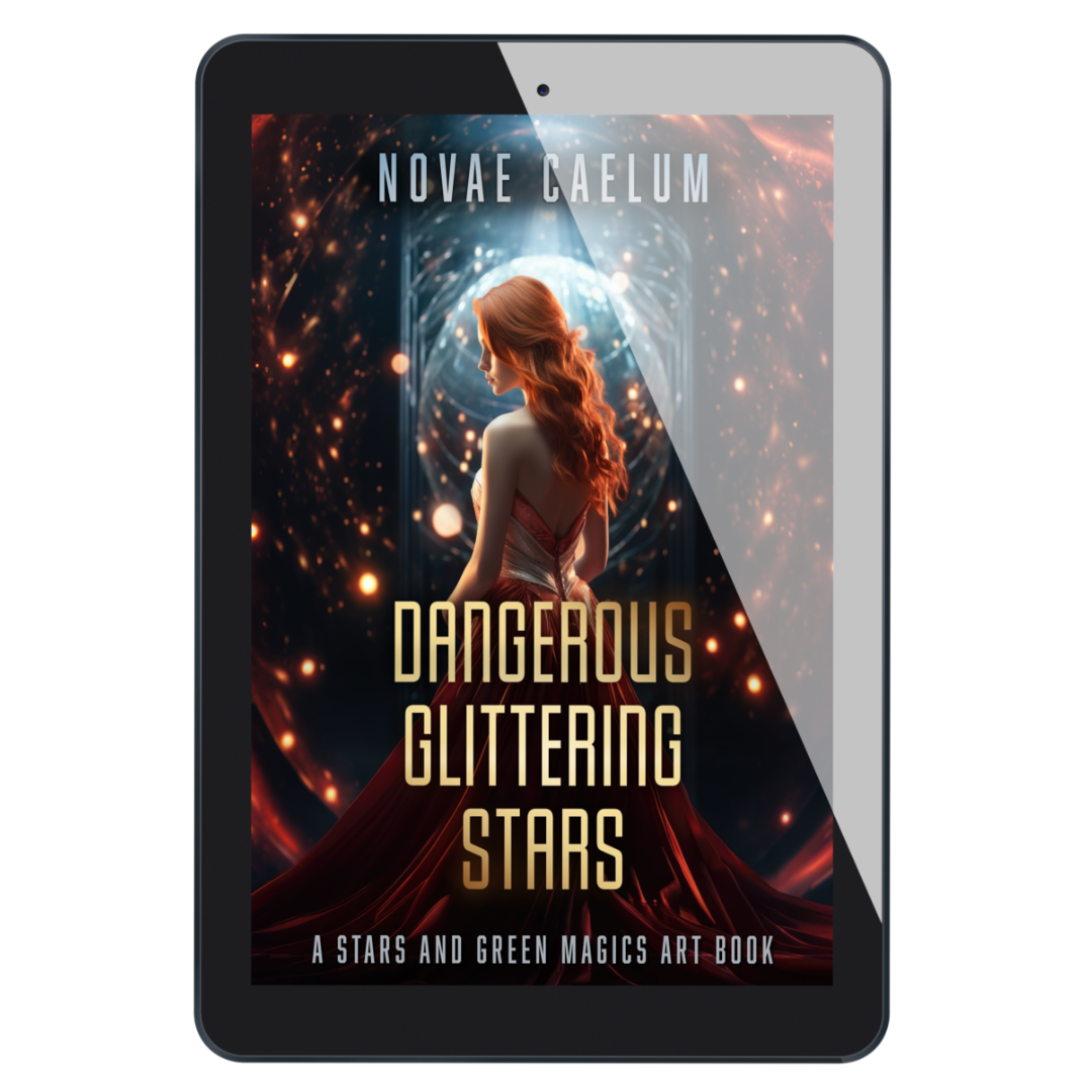 A tablet displaying the cover of the book "Dangerous Glittering Stars: A Stars and Green Magics - Art Book" by Novae Caelum, featuring a woman with long red hair standing in front of a swirling vortex of bright stars.