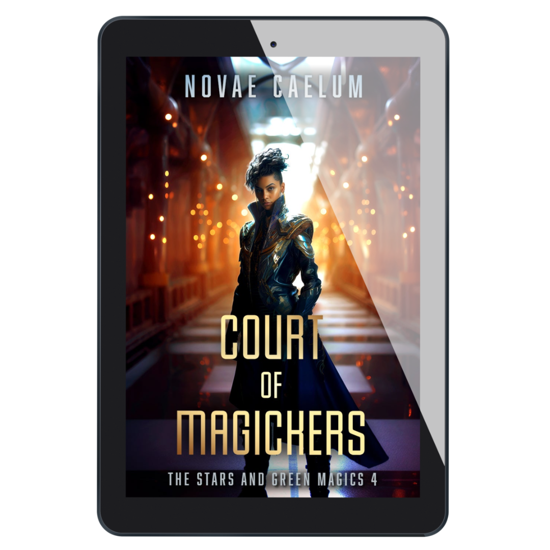 A tablet displaying an ebook titled "Court of Magickers: The Stars and Green Magics Book 4" by Novae Caelum, set against an illuminated, night-time bridge background, and centered is a non-binary person in a long, black coat.