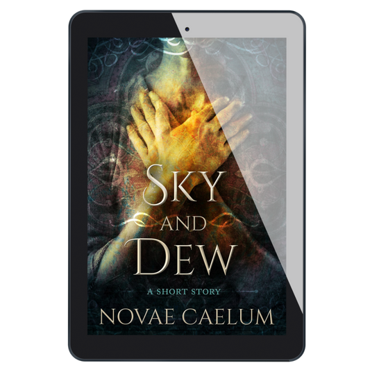 A tablet displaying the cover of the book titled "Sky and Dew: A Short Story" by Novae Caelum with white earphones plugged in. The screen shows playback controls and an image of a woman with hands crossed over her clavicle.