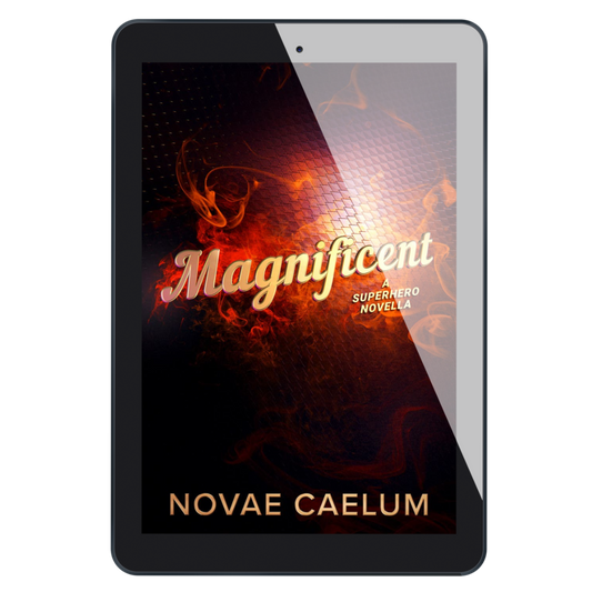 A tablet displaying the cover of the book "Magnificient: A Nonbinary Superhero Novella" by Novae Caelum, featuring an image of swirling red smoke on a black backdrop.