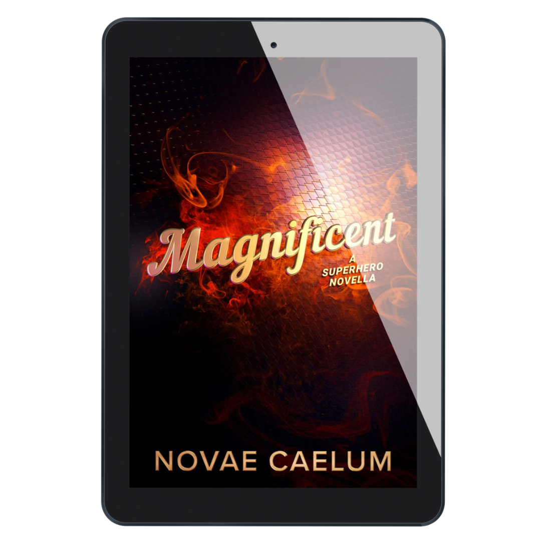Tablet displaying the cover of ebook version of "Magnificient: A Nonbinary Superhero Novella" by Novae Caelum.