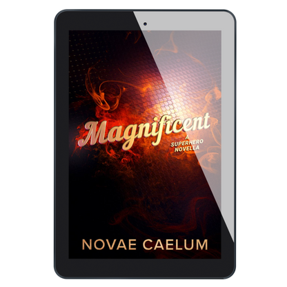 Tablet displaying the cover of ebook version of "Magnificient: A Nonbinary Superhero Novella" by Novae Caelum.