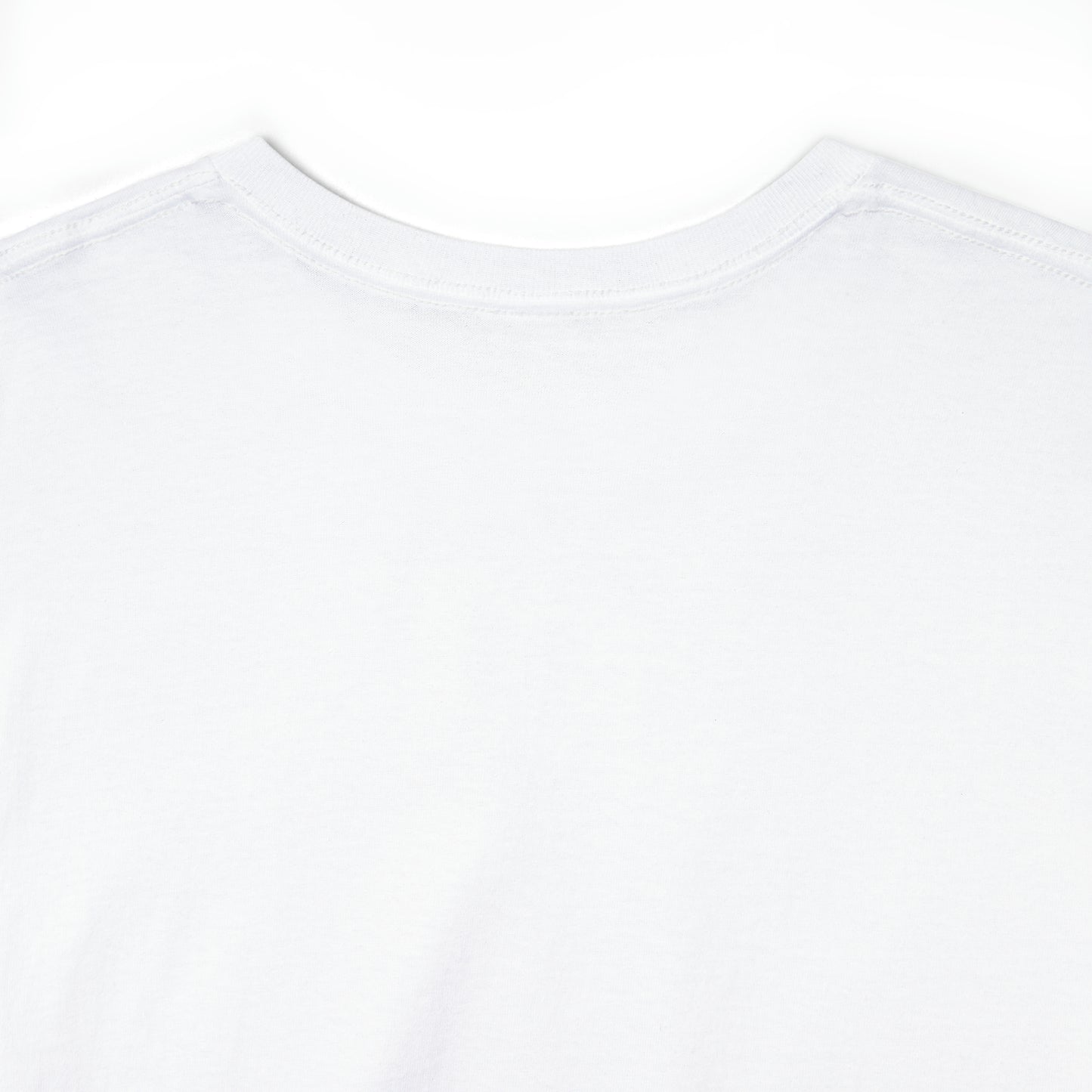Close-up of the back collar of a white t-shirt; the shirt image (not pictured) displays a black and white image of two sapphic cyborgs with foreheads together and eyes closed in a romantic scene.