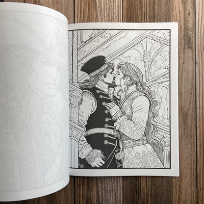 A coloring book with an image of two gay pirates kissing would be The Gay Pirate Coloring Book by N.C. Starshadow.