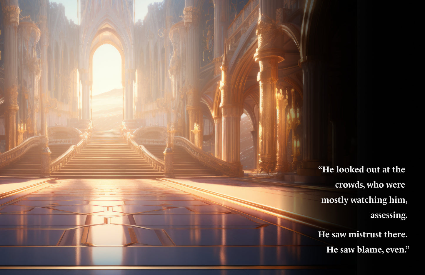 Interior of castle with sun shining through door and illuminating staircase and large hall; image is from Novae Caelum's e-book version of "Dangerous Glittering Stars: A Stars and Green Magics - Art Book".