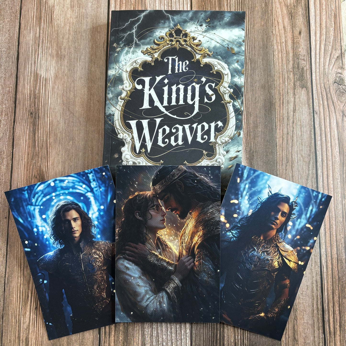 Print copy of "The King's Weaver" with three art cards depicting the main characters.