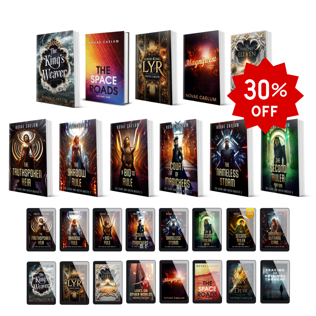 Depiction of all print copies and ebook copies written by Novae Caelum that are available in this bundle. Includes 30% off sticker in top right corner.