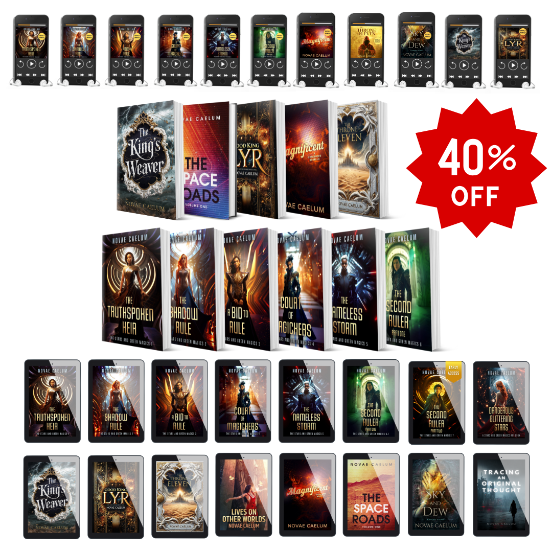 Depiction of all audiobooks, print books, and ebooks by Novae Caelum that are available in this bundle.