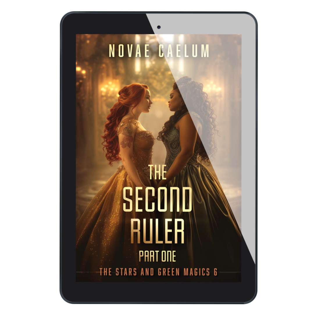 A tablet displaying the cover of the book "The Second Ruler: Part One: The Stars and Green Magics - Book 6" by Novae Caelum, featuring an image of a lesbian couple, one white with long red hair the other Black with long brown hair holding hands while facing each other. Banner text reads: Variant Cover