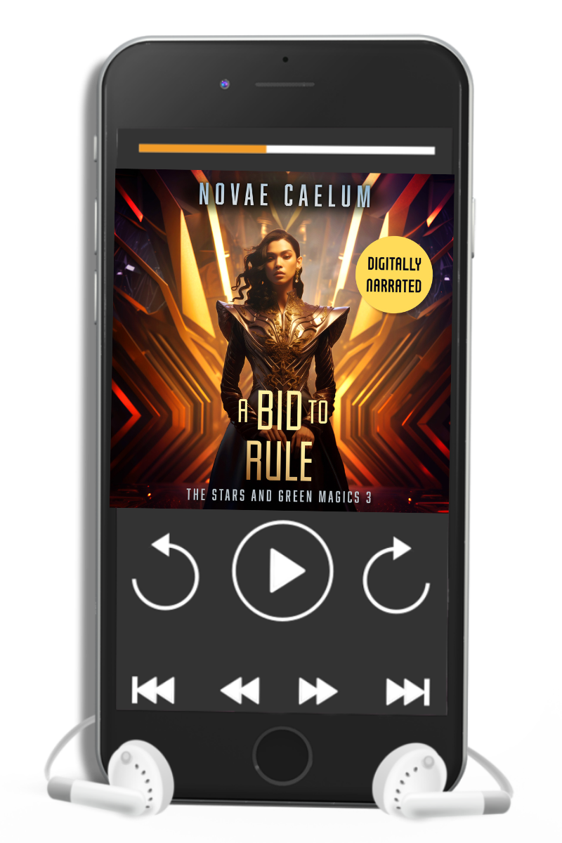 An AI audiobook titled "A Bid to Rule: The Stars and Green Magics Book 3" from the series displayed on a smartphone screen with earphones attached. (Novae Caelum)