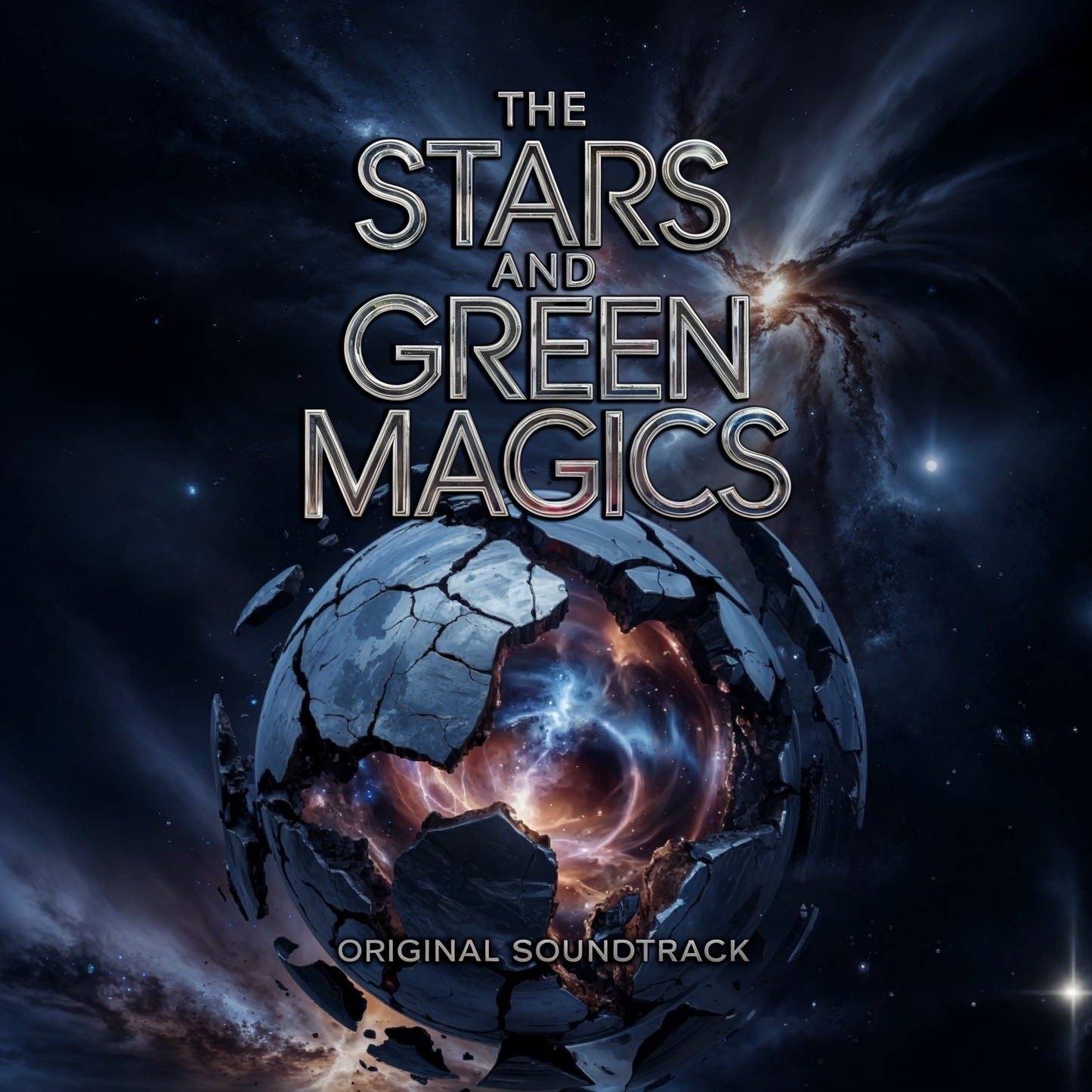 Album cover for 'The Stars and Green Magics' with a cracked sphere and celestial design.
