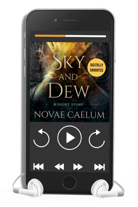 Smartphone displaying Novae Caelum's "Sky and Dew: A Short Story" AI Audiobook app with earphones connected, enriched with Hallows magic.