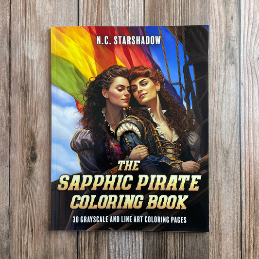 The N.C. Starshadow sapphic pirate coloring book with grayscale illustrations.