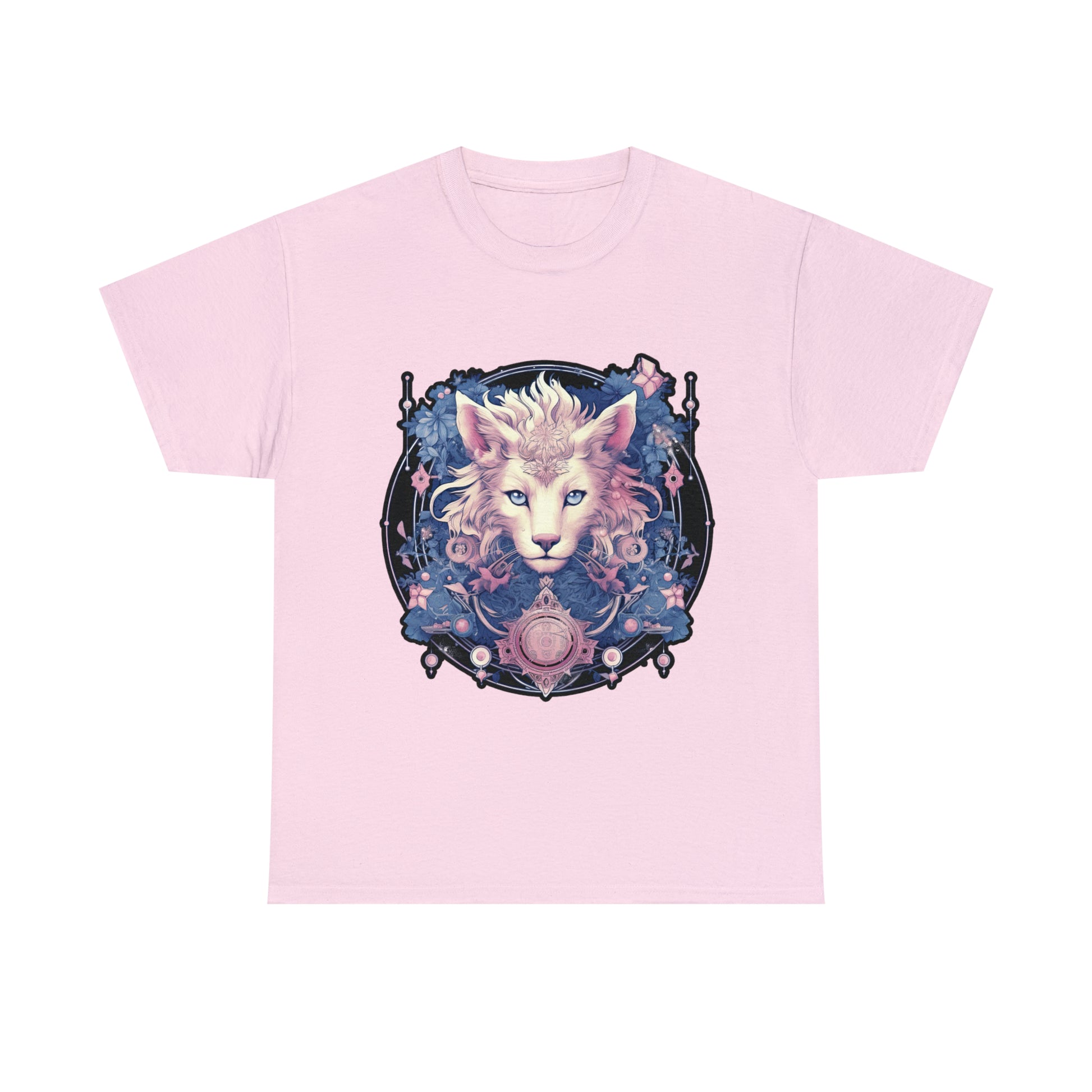 A light pink t-shirt displays a psychedelic cat in the Transgender Pride flag colors.