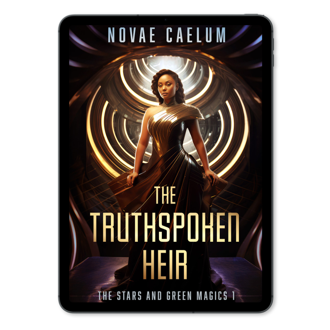 Book cover titled "The Truthspoken Heir" by Novae Caelum, featuring a woman in a golden dress standing before a swirling cosmic background of stars and green magics.
Product Name: The Stars and Green Magics Ebook Bundle (Books 1-5)
Brand Name: Novae Caelum