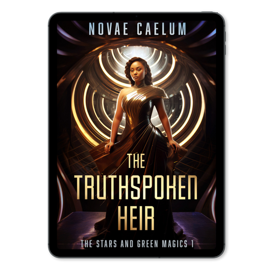 A book cover titled "The Truthspoken Heir: The Stars and Green Magics Book 1" by Novae Caelum, featuring a woman in a golden dress with futuristic golden spirals in the background, hinting at her sh