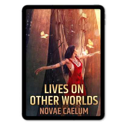 A book cover titled "Lives on Other Worlds: Short Stories" by Novae Caelum, featuring a woman with outstretched arms surrounded by butterflies, set against a steampunk cosmic-themed backdrop.