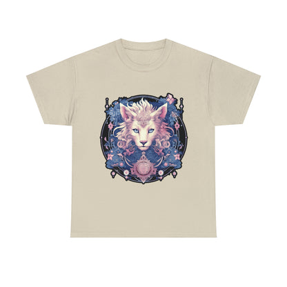 A sand-colored t-shirt displays a psychedelic cat in the Transgender Pride flag colors.