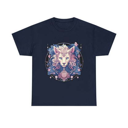 A navy-blue t-shirt displays a psychedelic cat in the Transgender Pride flag colors.