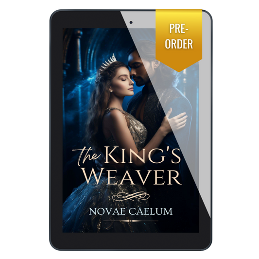 A tablet displaying cover of e-book version of "The King's Weaver" by Novae Caelum. The cover depicts a couple embracing. There is a vertical yellow banner which advertises the title as available for pre-order.