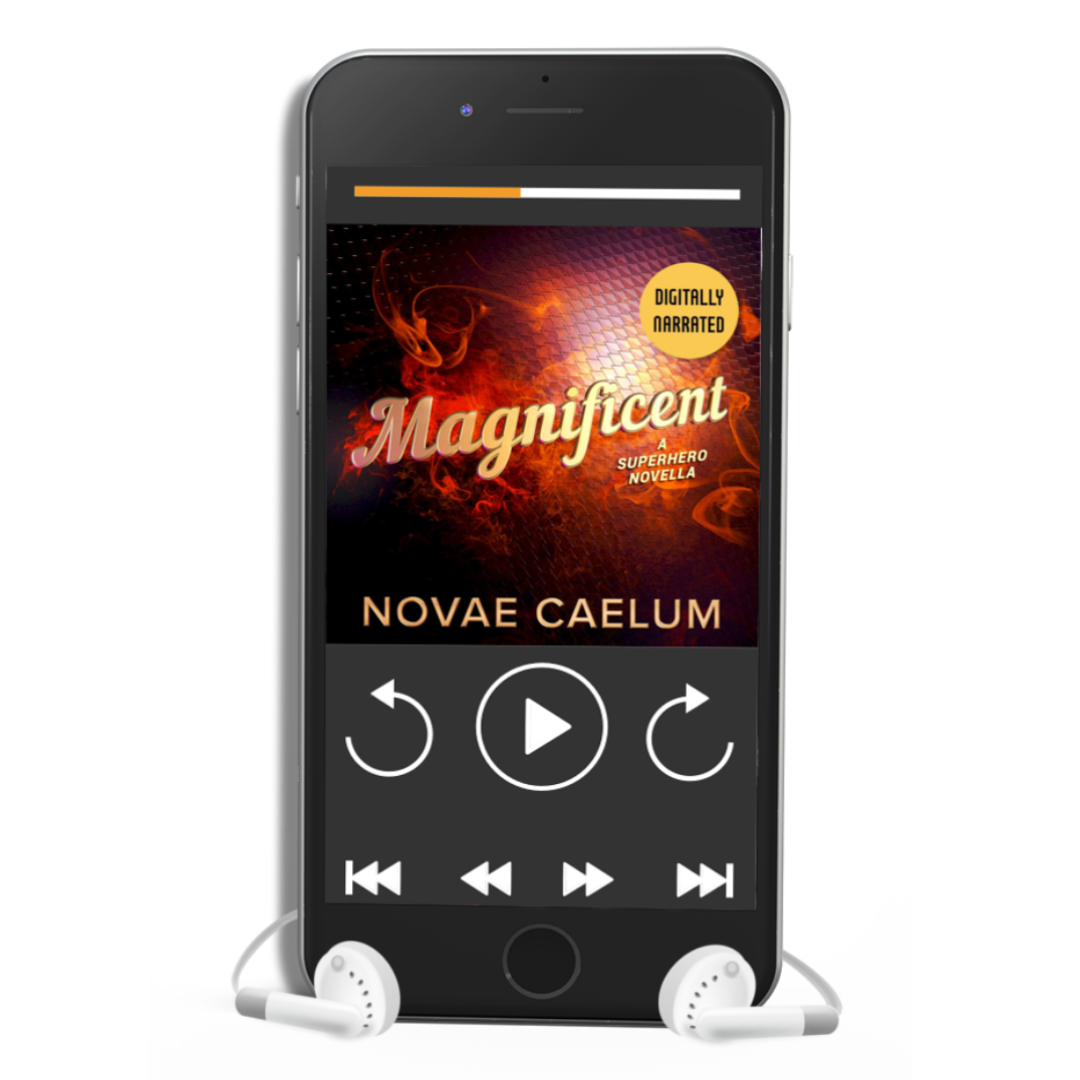 Smartphone displaying the cover of "Magnificent: A Nonbinary Superhero Novella" by Novae Caelum, surrounded by playback controls and earphones.