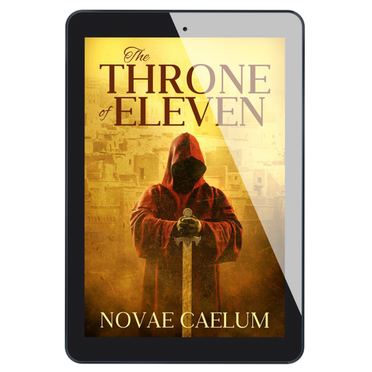 Tablet displaying the e-book version of Novae Caelum's "The Throne of Eleven".