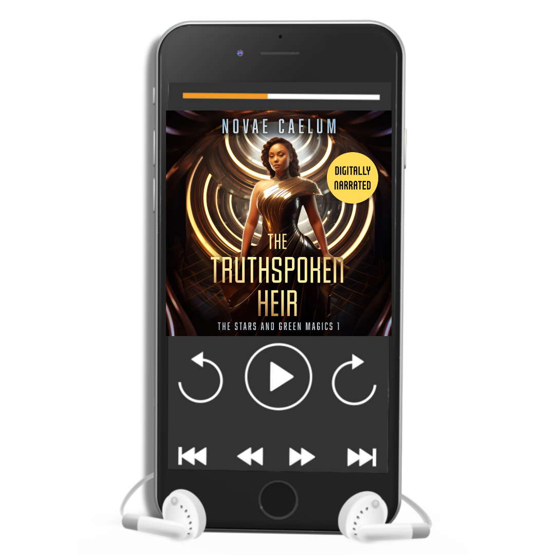 Smartphone displaying a digitally narrated audiobook titled "The Truthspoken Heir: The Stars and Green Magics - Book 1" by Novae Caelum with white earphones plugged in. The screen shows playback controls and an image of a woman in a strapless, flowing gown standing with glowing rings in the background.