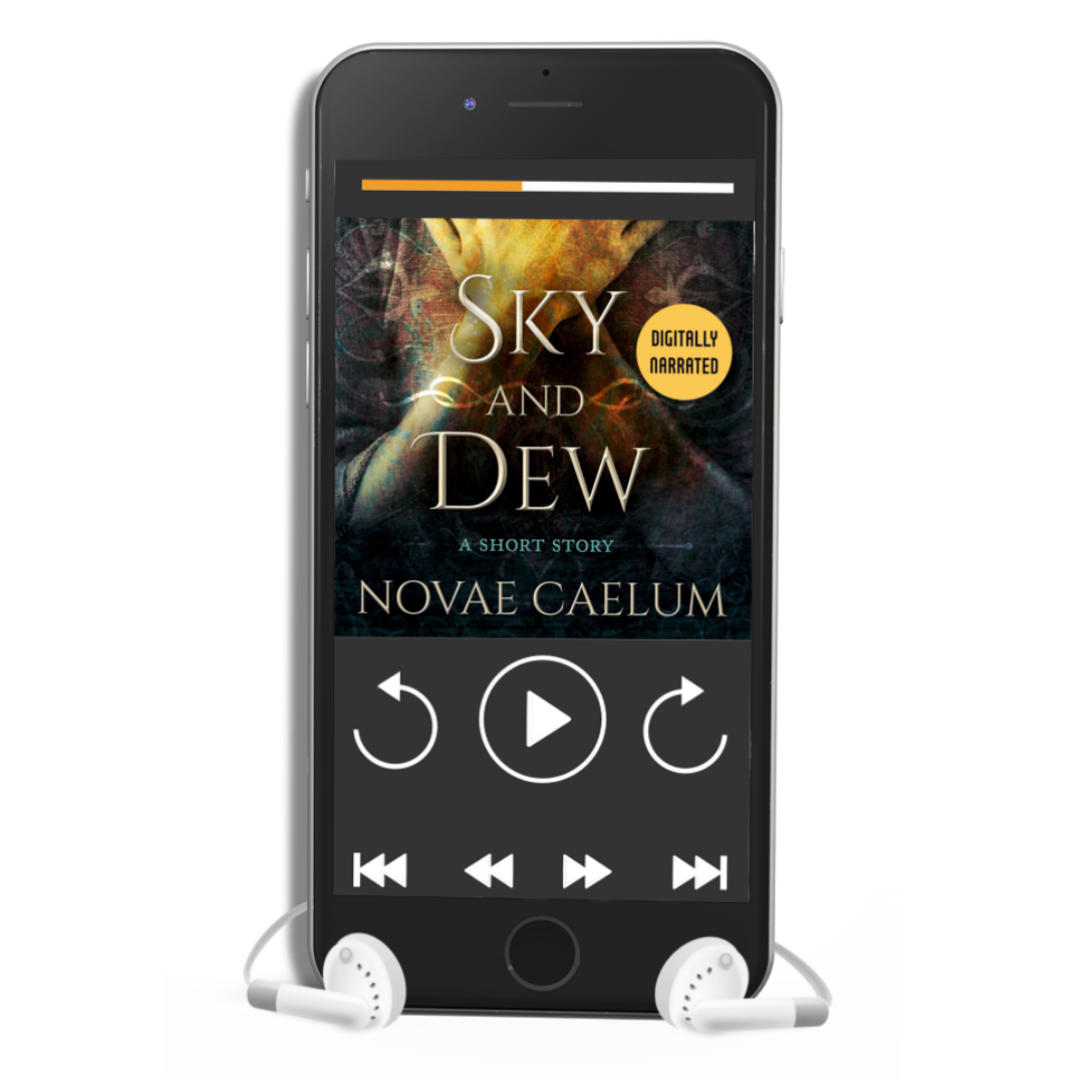 Smartphone displaying a digitally narrated audiobook titled "Sky and Dew: A Short Story" by Novae Caelum with white earphones plugged in. The screen shows playback controls and an image of a woman with hands crossed over her clavicle.