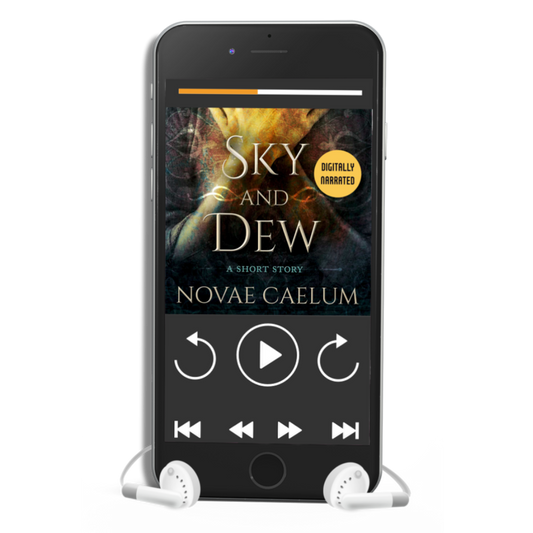 Smartphone displaying a digitally narrated audiobook titled "Sky and Dew: A Short Story" by Novae Caelum with white earphones plugged in. The screen shows playback controls and an image of a woman with hands crossed over her clavicle.