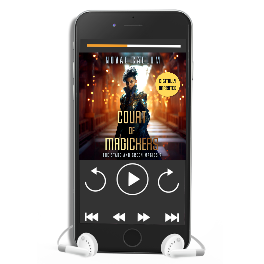 Smartphone displaying The Stars and Green Magics AI Audiobook Bundle (Books 1-4) by Novae Caelum on a player app, with earphones connected.