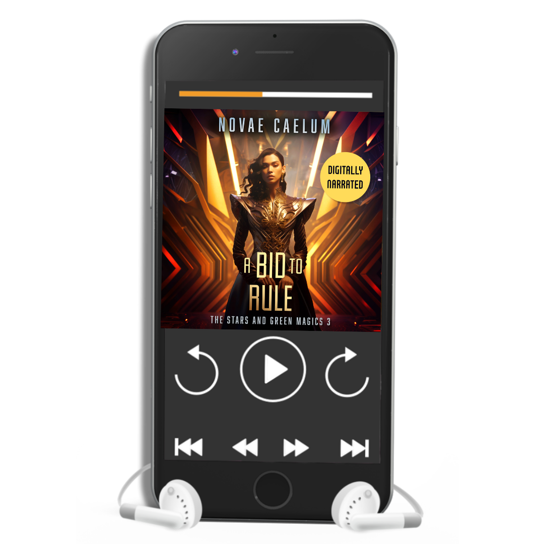 Smartphone displaying a digitally narrated audiobook titled "A Bid to Rule: The Stars and Green Magics - Book 3" by Novae Caelum with white earphones plugged in. The screen shows playback controls and an image of a nonbinary individual in a futuristic gown standing with glowing waves in the background.