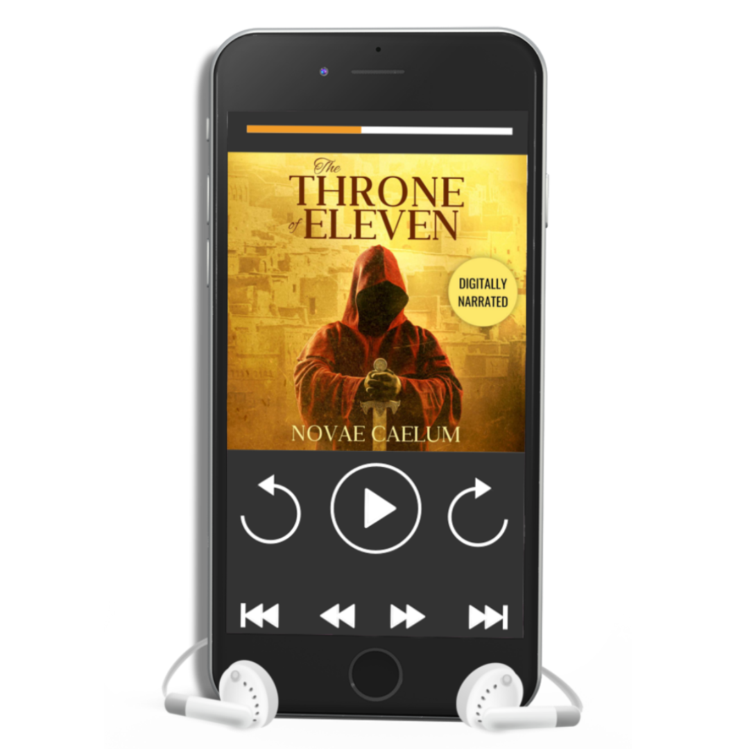 Smartphone displaying the audiobook version of Novae Caelum's "The Throne of Eleven", which is digitally narrated.