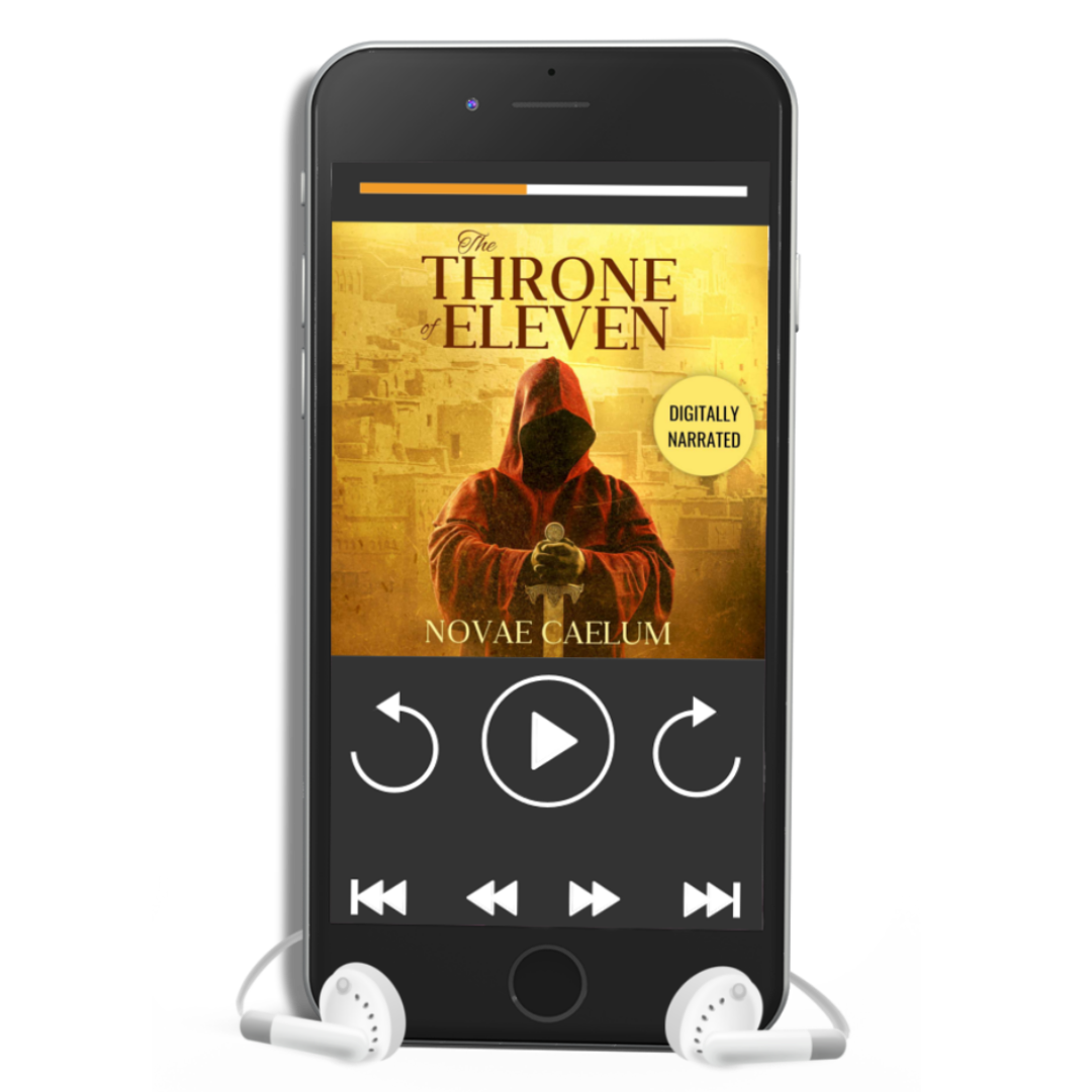 Smartphone displaying an audiobook titled "The Throne of Eleven" by Novae Caelum with white earphones plugged in. The screen shows playback controls and an image of a hooded figure holding a sword against a yellowish backdrop.