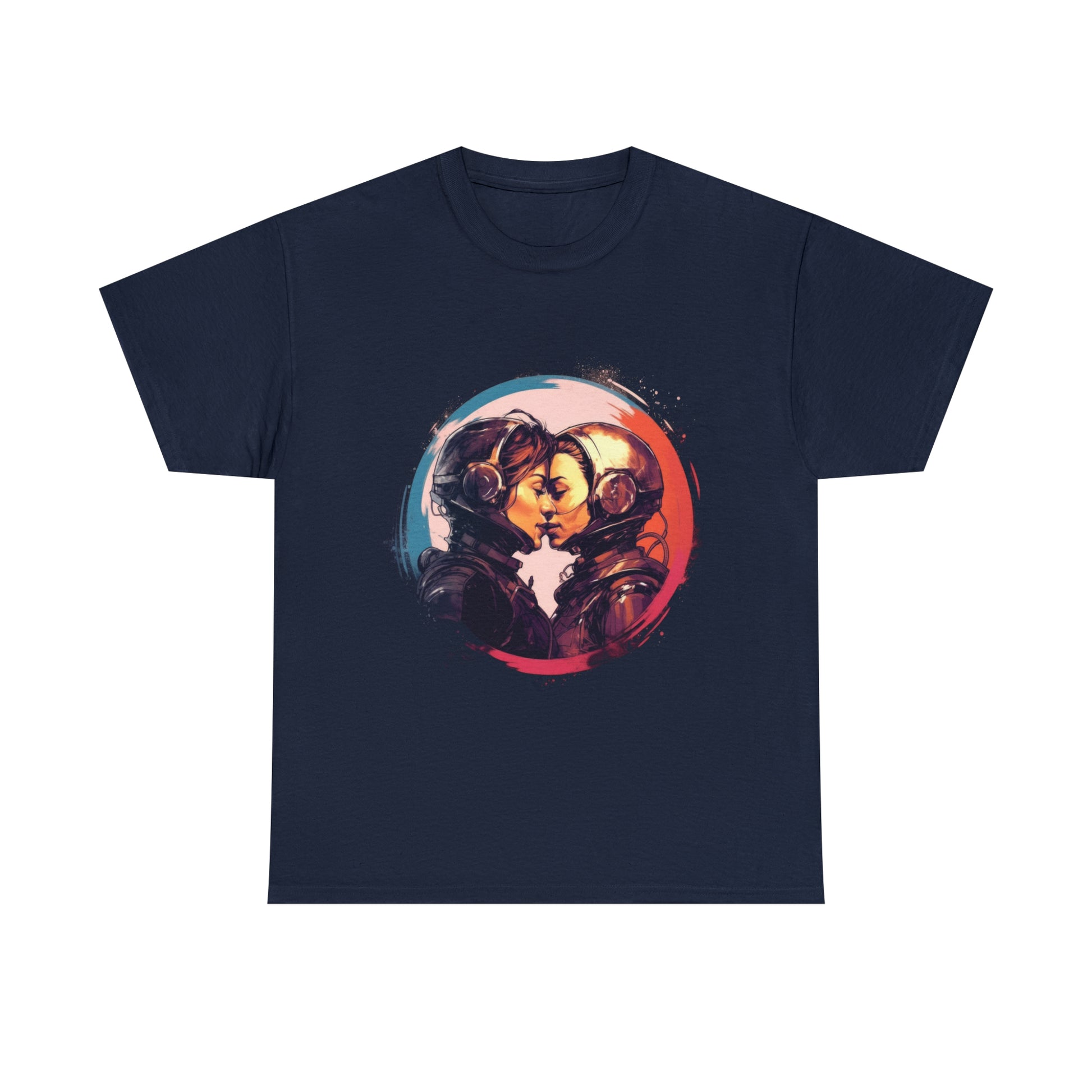 A classic fit Sapphic Astronauts - Unisex Heavy Cotton Tee with an image of two people kissing in a circle, made from medium fabric cotton by Printify.