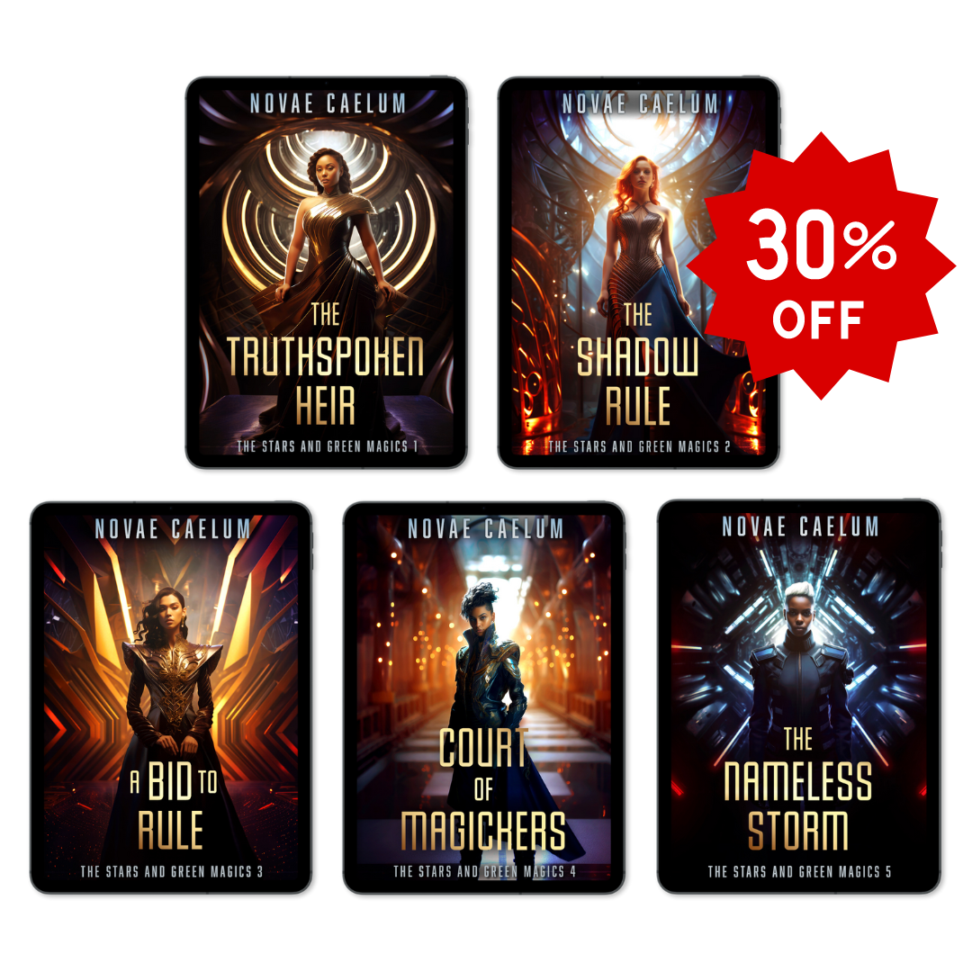 Five ebook covers from the Novae Caelum "Stars and Green Magics" series, featuring dramatic fantasy character designs, with a 30% off discount label at the top right.