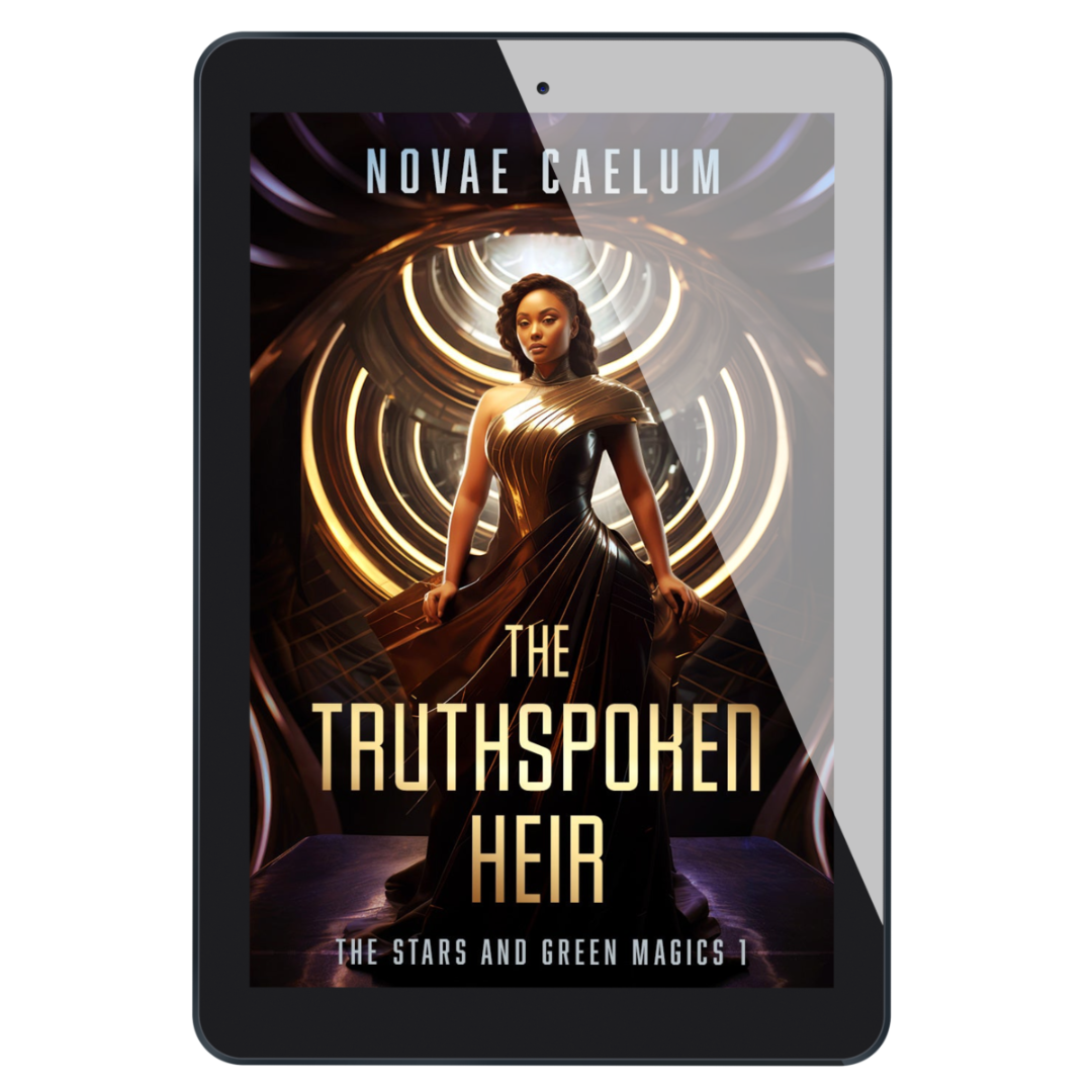 A tablet displaying the cover of the book "The Truthspoken Heir: The Stars and Green Magics - Book 1" by Novae Caelum, featuring an image of a woman in a strapless, flowing gown standing with glowing rings in the background.