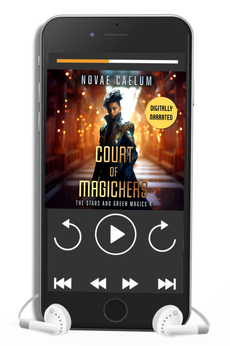 A phone with The Stars and Green Magics Audiobook Bundle (Books 1-4) by Novae Caelum on it.